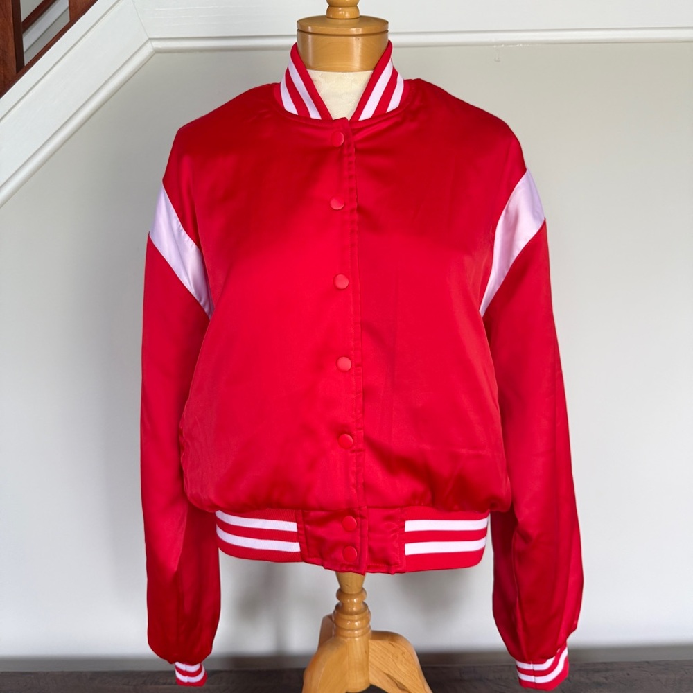 L*SPACE Women’s Red Satin Knockout Bomber Jacket White Stripe Accent Size Medium